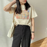 Oil Painting Print T-shirt Women Short Sleeve Loose 100% Cotton Shirt 2021 Female Basic Tops Summer Ladies Tees