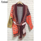 Bohemian Bandana Cashmere Cardigan Women Jacket Sweater Autumn Winter Tassel Lapel Belt Long Sleeve Sweater