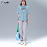Women T-shirts 2022 Summer Short Sleeve O Neck Loose Tees Cute Little Mouse Pattern Casual Chic