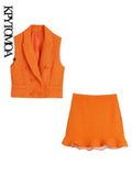 Women Fashion Front Buttons Tweed Cropped Waistcoat And High Waist Ruffled Hem Mini Skirts Female Two Pieces Sets