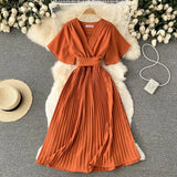 Pleated Dress Women Short Sleeve V Neck Solid A-line Dresses 2022 New Summer Chiffon Vacation Beach