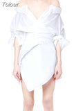 Korean Style Shirt Dress For Women V Neck Long Sleeve Off Shoulder High Waist Solid Mini Dresses Female Clothes 2023