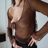 Women Blouse Sexy Sheer See Through Mesh Long Sleeve Crop Top Lace Up Bandage Shirt 90s 00s Blouses Summer Party