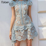 Lace Women's Dress Blue Green High Waist Irregular Mini Dress Vestido Woman Short Sleeve Runway Sexy Party