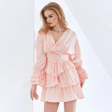 Solid Color Ruffle Summer Dress For Women V Neck Flare Sleeve High Waist Bowknot Dresses Female Fashion New