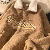 Hip Hop Lamb Wool Letter Embroidery POLO Shirt Sweatshirt Women Winter Tops Retro Streetwear Fashion Teens Clothes