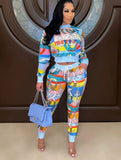 Fashion Blue Print Long Sleeve Top And Pant 2 Piece