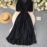 Lace-up Green Dress Women Summer 2023 Short Sleeve Ruffle Solid Woman Dress V Neck Irregular Casual Long Dresses