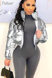 Silver Glossy Puffer Jacket Zip Up Shiny Bubble Coat Streetwear Women Clothing Winter Baddie Clothes