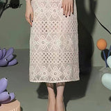 Elegant Lace Dress Women 2023 Spring Summer Hook Flower Hollow Bodycon Dress Women High Waist Diamond Button