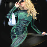 Striped Print Backless Long Sleeve Maxi Bodycon Dress 2023 Spring Autumn Women Sexy O Neck Skinny Long Dress Club