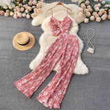 Women Summer Boho Floral Holiday Set V Neck Puff Sleeve Short Tops+High Waist Sexy Split Wide Leg Pants Two Pieces