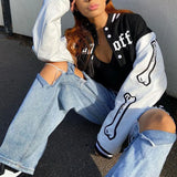 Autumn Winter Print Oversized Bomber Jacket Women 2022 Fashion Vintage Varsity Baseball Long Sleeve Loose