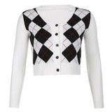 Plaid Knitted Cropped Cardigan Women Long Sleeve Blue Sweater Woman Autumn Casual Knitwear Buttons Streetwear
