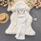 Women Korean Knitted Dress Long Sleeve V Neck Elastic Slim Pencil Dresses 2022 Autumn Sexy Bodycon Split Sweater