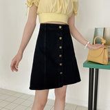 VAREY LIN Summer Women A-line Retro Solid Color Jeans Short Skirts Casual Female High Waist Single Breasted Black Denim