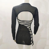 Women Sexy Bandage Dress Backless Long Sleeve Bodycon Dress Shine Bright Hollow Lace Up Ladies Evening Party Club Dresses