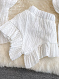 Two Piece Set Women 2023 Summer New High Street Fashion Sexy French Outfits Navel Blouses + Solid Wild Ruffles