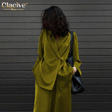Fashion Long Sleeve Blazer Two Piece Sets Women Outifits Casual Loose Office Pants Set Elegant Green Satin Trouser