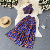 Summer Female Fashion Holiday Sets Floral Women Sexy Short Top+ A-line skirt Two Piece Set Beach Outifits Suits