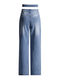 Toloer Three-Dimensional Flower Splicing Casual Pants 2024 Summer New Temperament Wash Water Light Blue Straight Tube Jeans Female-Outfit