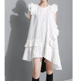2023 New Spring Summer Round Neck Sleeveless Blue Irregular Ruffles Pleated Stitch Loose Dress Women Fashion Tide