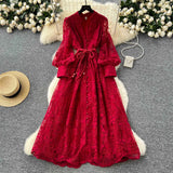 High-End Women's Dress 2025 Spring Collection Heavy Industry Embroidery V Neck Lantern Sleeve Single Row Buckle Long