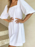 Holiday Dress Square Collar Rose Pink Mini Dress Pleated Flare Sleeve Casual Loose Women Clothes Summer Dresses