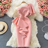 Sexy Off Shoulder Party Dress Women Summer Diagonal High Waist Irregular Ruffle Bodycon Vestidos Female Casual Red/Pink Robe