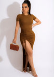 Short Sleeves Ruched Strings Slit Long Party