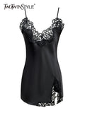 TWOTWINSTYLE Sexy Patchwork Lace Sling Dress For Women V Neck Sleeveless High Waist Mini Dresses Female Fashion Summer