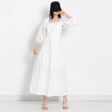 White Backless Dress For Women Square Collar Puff Sleeve High Waist Lace Up Midi Dresses Female Fashion Clothes