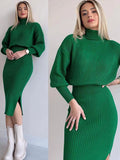 Elegant Knitted Dress 2 Pieces Set Long Sleeve Cropped Sweater And Slit Dress Suits Female Sexy Soft Pullover