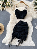 Lace Drawstring Women Summer Set 2022 Ruched Zipper Elastic Top Sexy Vacation Party Club Mini Skirt Two Piece