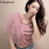 Shirts for Women Summer T Shirts O-neck Short Sleeve Tees Patchwork Gauze Fashion T-shirt Casual Korean Temperament