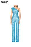 Women Elegant Long Jumpsuits Slanted Collar Party 2023 Sexy Glitter Sequin Club Playsuits Fashion Backless Solid