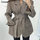 Woolen Coat for Woman Winter 2023 Apricot Herringbone Vintage Elegant Belt Blends Jacket Business Korean Autumn