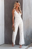 Toloer White Elegant V-neck Sleeveless Solid Lace Backless Full Length Regular Straps Rompers 102-1-Outfit