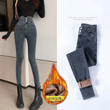 Astetic Skinny Stretch Warm Fleece Jeans High Waist Woman Pencil Pants Streetwear Denim Trousers Vetement Femme Winter