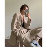 Casual Korean Blazer Suits Loose Two Piece Set Women Long Sleeve Coat and High Waist Harem Pants 2 Piece Outfits 2021