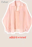 Pink Chiffon Shirt Strap Tank Top Wide Leg Pants Three Piece Elegant Women's Pants Set Casual Outfits Summer