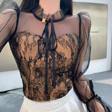 2022 Spring Elegant Women French Mesh Lace Blouse Stand Collar Puff Sleeves Sexy Perspective Slim Shirt Female