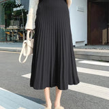2023 New Women's Knitted A-line Skirt Autumn Winter Solid Color Pleated Long Skirts Woman Elegant High Waist Skirt