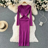 Autumn Sexy Knitted Dress Women V Neck Long Sleeve Slim Maxi Dress Female Autumn Hollow Out Sweater Long Dress
