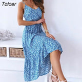 Maxi Dress Elegant Women Floral Print Sexy Backless Spaghetti Strap Long Dresses Summer Ladies Casual Beach Dress