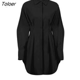 Summer Pleated Shirt Dress Fashion A-Line Single Breasted Casual Dresses Turn-Down Collar High Waist Solid Mini Dress