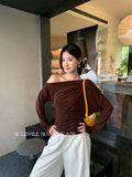Xixi 2025 Autumn New White Standard Temperament Slant Shoulder Solid Color Knit Shirt Long Sleeve Top Sweater Female