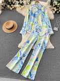 Print Fashion Casual Two Pieces Suits Long Sleeves Blouse+ Hight Waist Wide Leg Long Pants Office Lady Autumn
