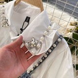 2023 New Blouse Women's Diamond Beaded Puff Sleeve Blusa Top Tassel Pearl Sling Waistcoat Two-piece Sets Stacking