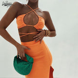 Out Bandage Sexy Top and Skirts Set Two Piece Set Halter Neck Gathered Elegant Club 2022 Summer Outfits Split Dress